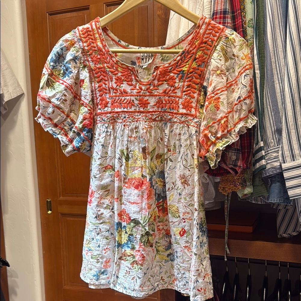 Sister Mary Coral Embroidered Floral Peasant Blouse